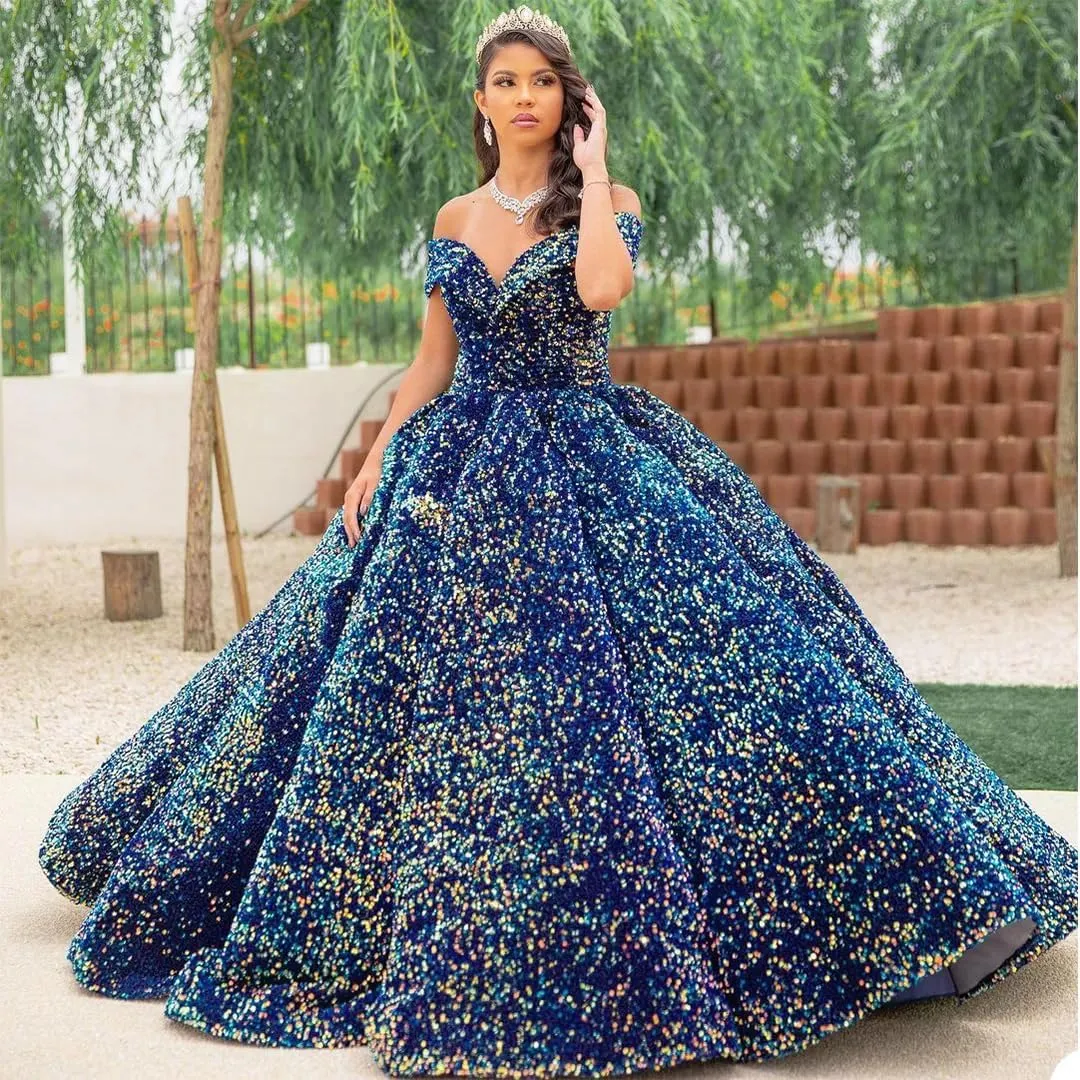Mouccy Sparkly Sequin Prom Dresses Long Ball Gown Off Shoulder Quinceanera Dresses Puffy Glitter Evening Party Dresses