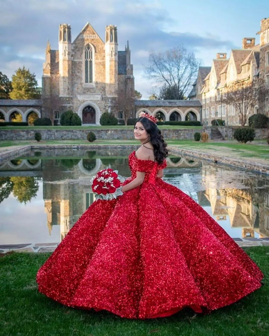 Mouccy Sparkly Sequin Prom Dresses Long Ball Gown Off Shoulder Quinceanera Dresses Puffy Glitter Evening Party Dresses