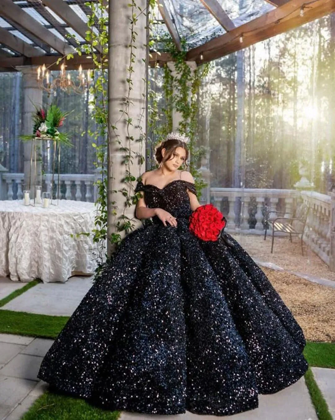 Mouccy Sparkly Sequin Prom Dresses Long Ball Gown Off Shoulder Quinceanera Dresses Puffy Glitter Evening Party Dresses