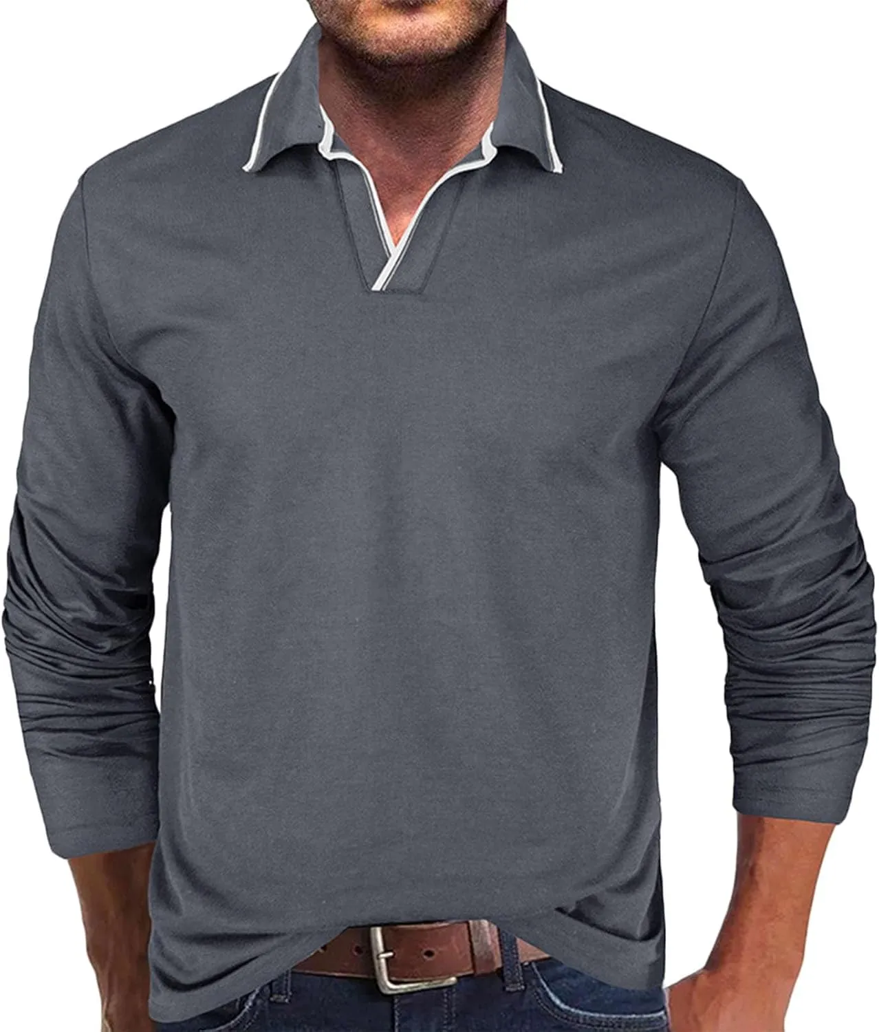 Muscularfit Long Sleeve Shirts for Men 2023 Fashion Solid Button Down Polo Shirts Casual Formal Work Collar Pullover T Shirt