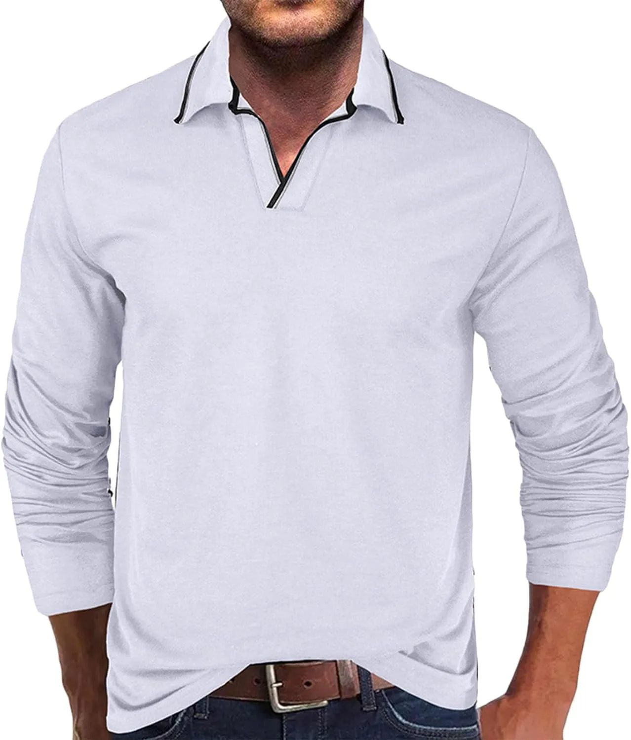 Muscularfit Long Sleeve Shirts for Men 2023 Fashion Solid Button Down Polo Shirts Casual Formal Work Collar Pullover T Shirt