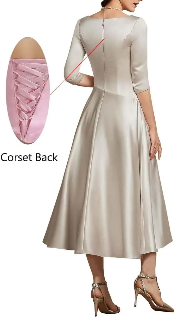 NABN Women's 3/4 Sleeves Prom Dresses Tea Length Mother of The Bride Dress Satin Formal Party Evening Gowns