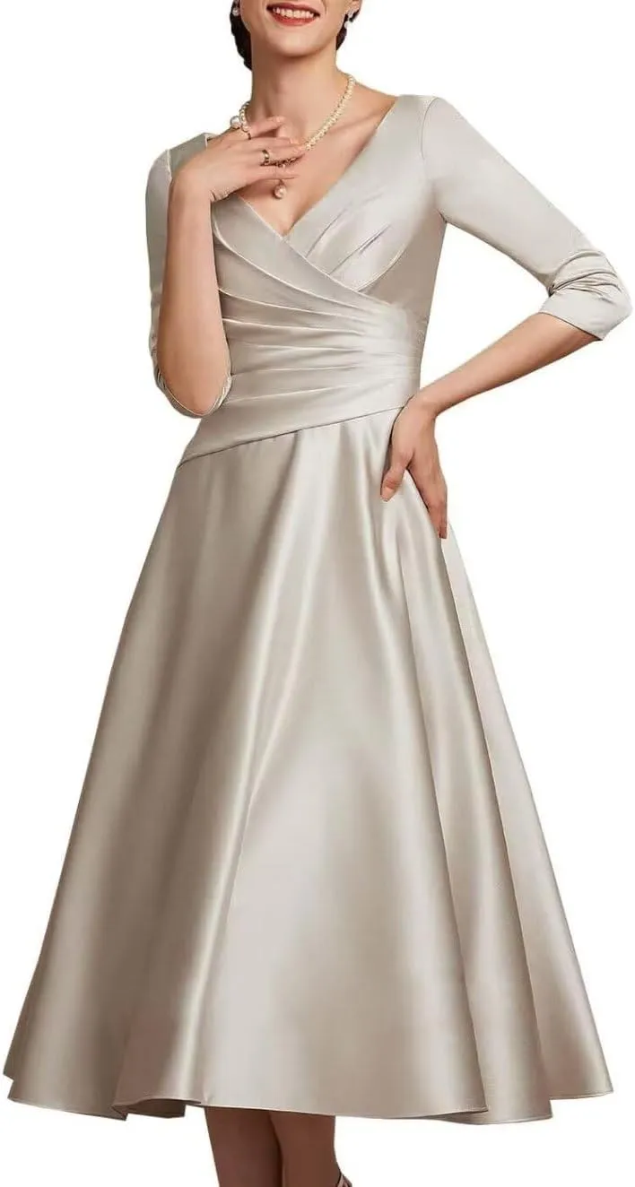 NABN Women's 3/4 Sleeves Prom Dresses Tea Length Mother of The Bride Dress Satin Formal Party Evening Gowns
