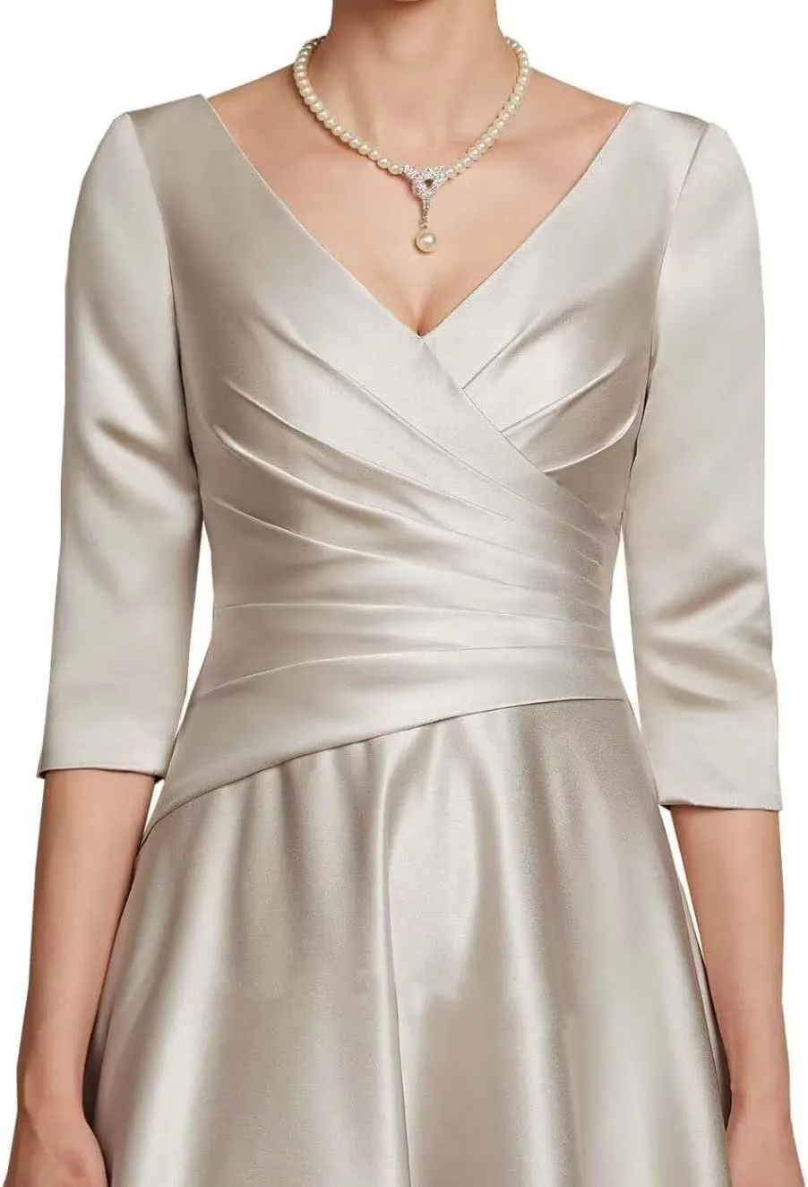 NABN Women's 3/4 Sleeves Prom Dresses Tea Length Mother of The Bride Dress Satin Formal Party Evening Gowns