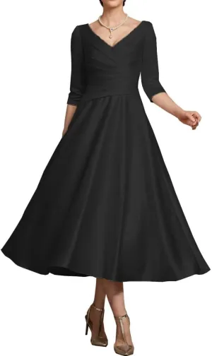 NABN Women's 3/4 Sleeves Prom Dresses Tea Length Mother of The Bride Dress Satin Formal Party Evening Gowns