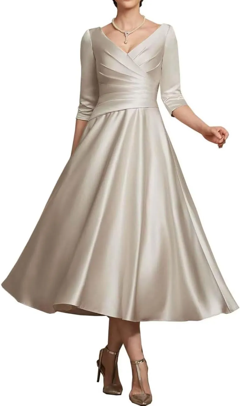 NABN Women's 3/4 Sleeves Prom Dresses Tea Length Mother of The Bride Dress Satin Formal Party Evening Gowns