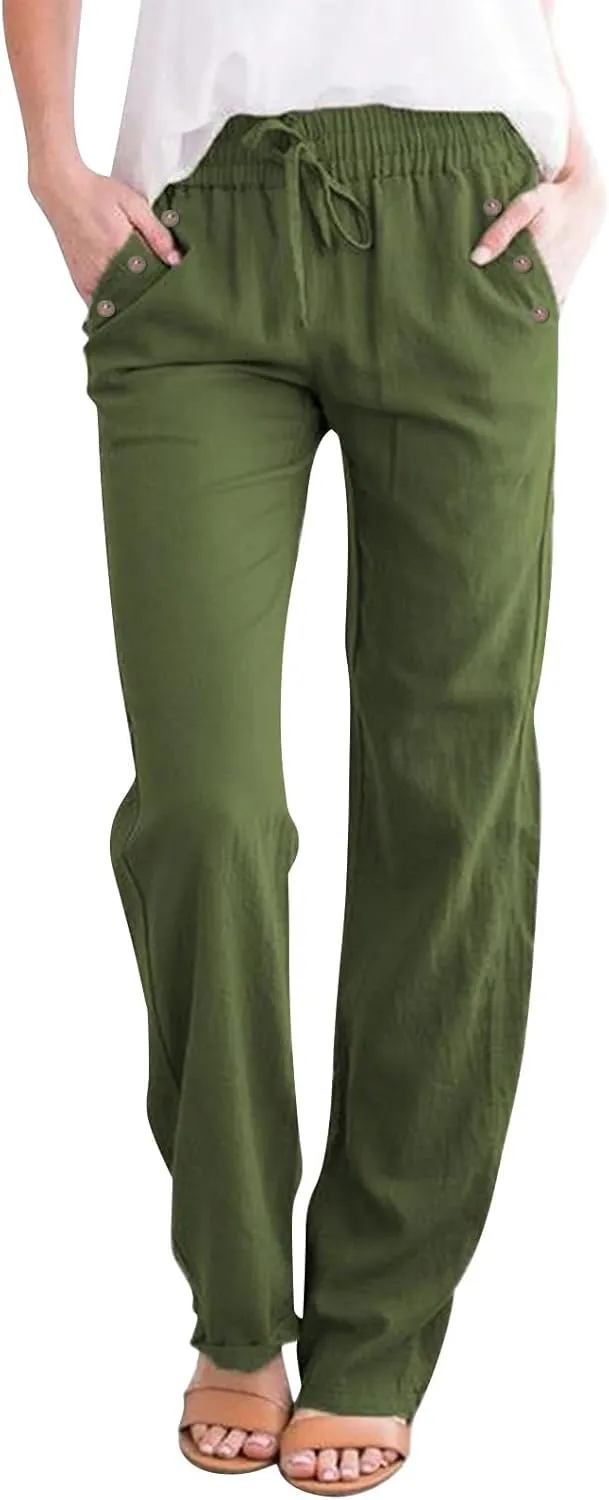 NBXNZWF Cotton Linen Pants for Women Casual Straight Leg Drawstring Elastic High Waist Long Trouser Loose Fit Lounge Pants