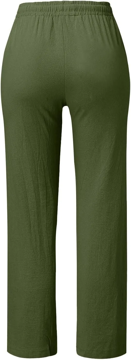 NBXNZWF Cotton Linen Pants for Women Casual Straight Leg Drawstring Elastic High Waist Long Trouser Loose Fit Lounge Pants