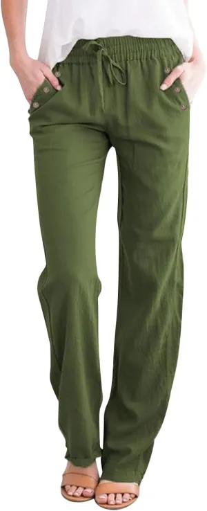NBXNZWF Cotton Linen Pants for Women Casual Straight Leg Drawstring Elastic High Waist Long Trouser Loose Fit Lounge Pants