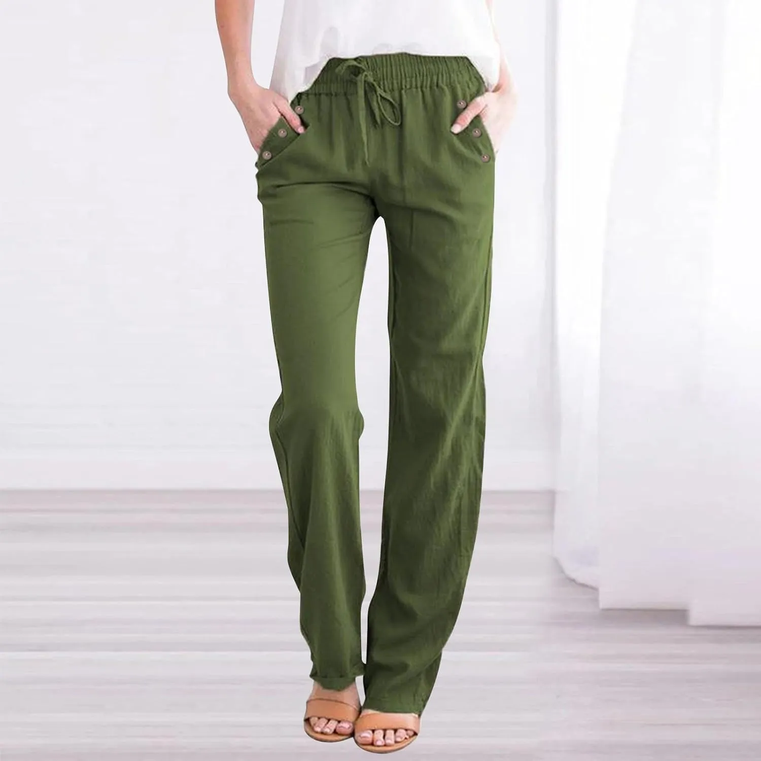 NBXNZWF Cotton Linen Pants for Women Casual Straight Leg Drawstring Elastic High Waist Long Trouser Loose Fit Lounge Pants