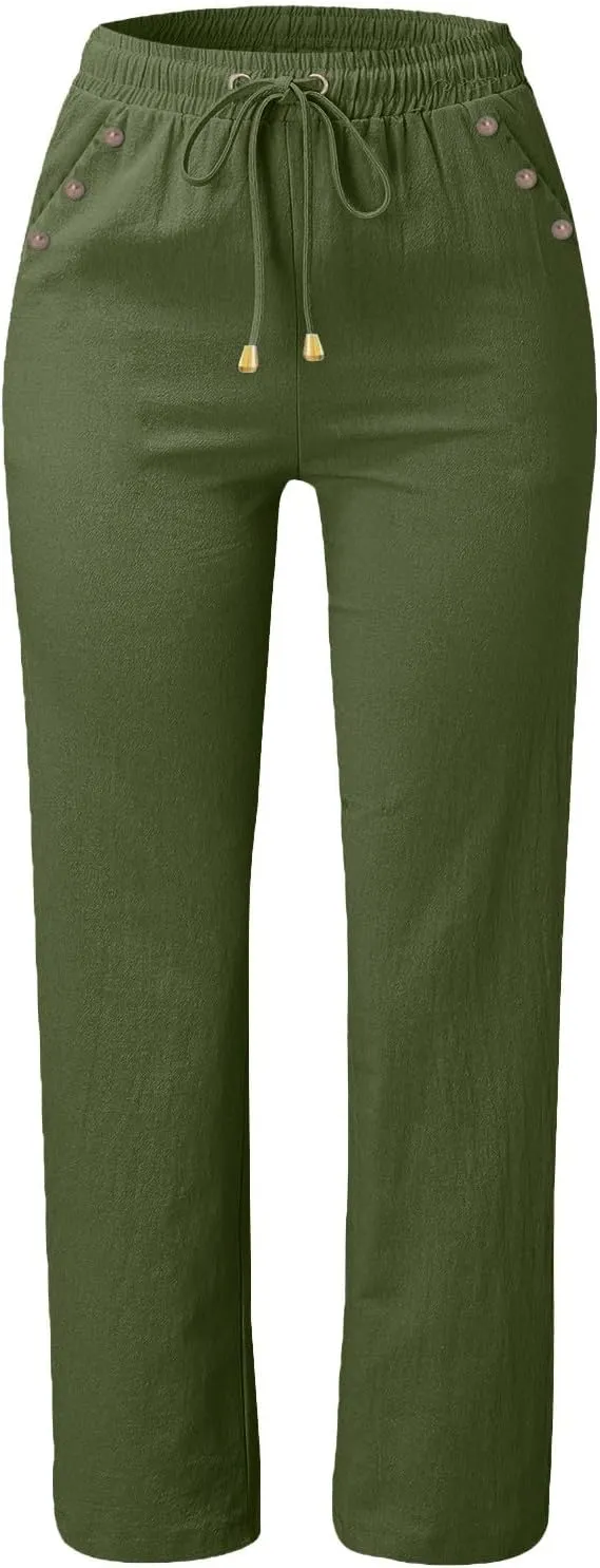 NBXNZWF Cotton Linen Pants for Women Casual Straight Leg Drawstring Elastic High Waist Long Trouser Loose Fit Lounge Pants