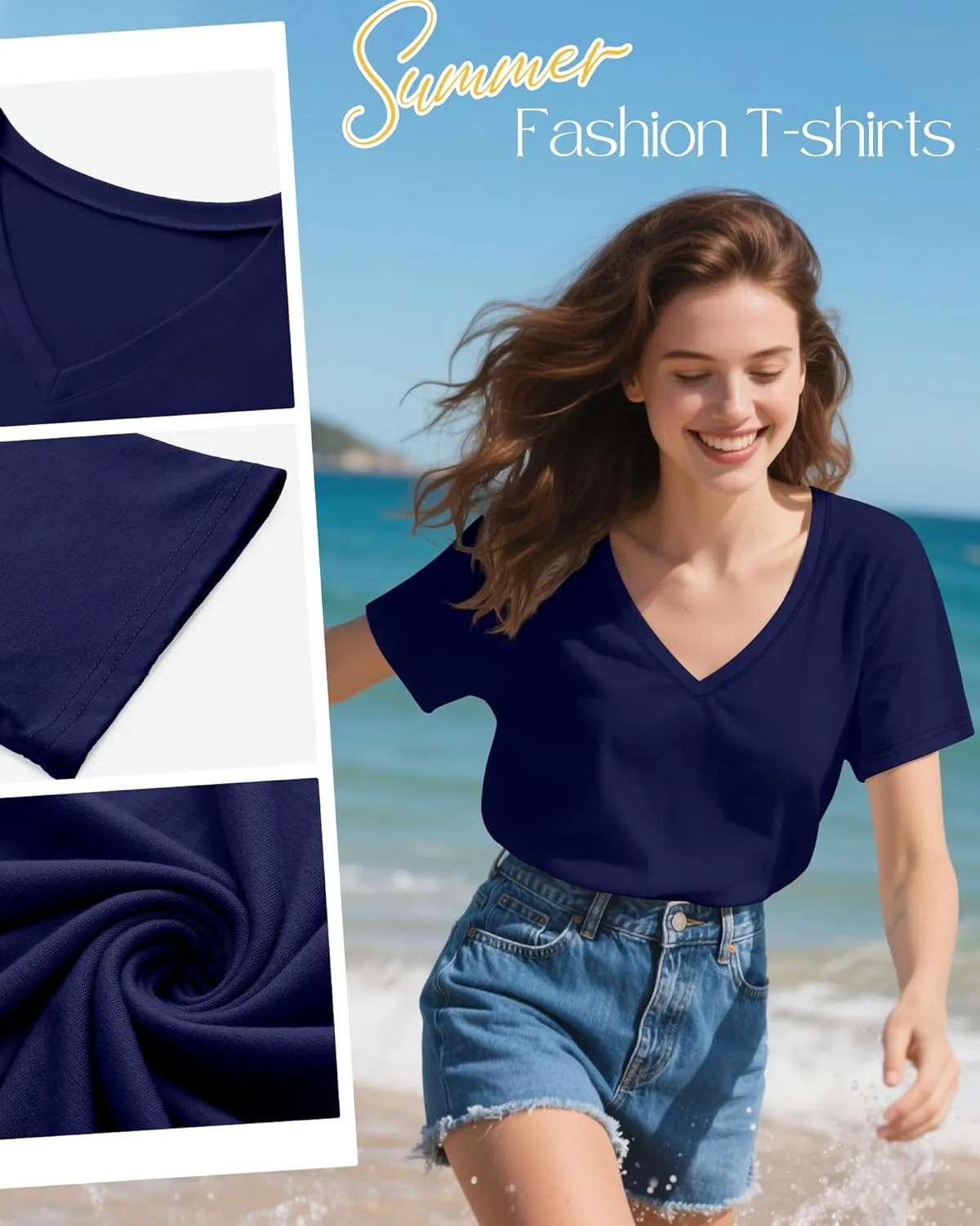 Neer 4 Pack Women's V Neck T-Shirts Summer Short Sleeve Casual Tops Loose Fit Flat Hem Basic Tees