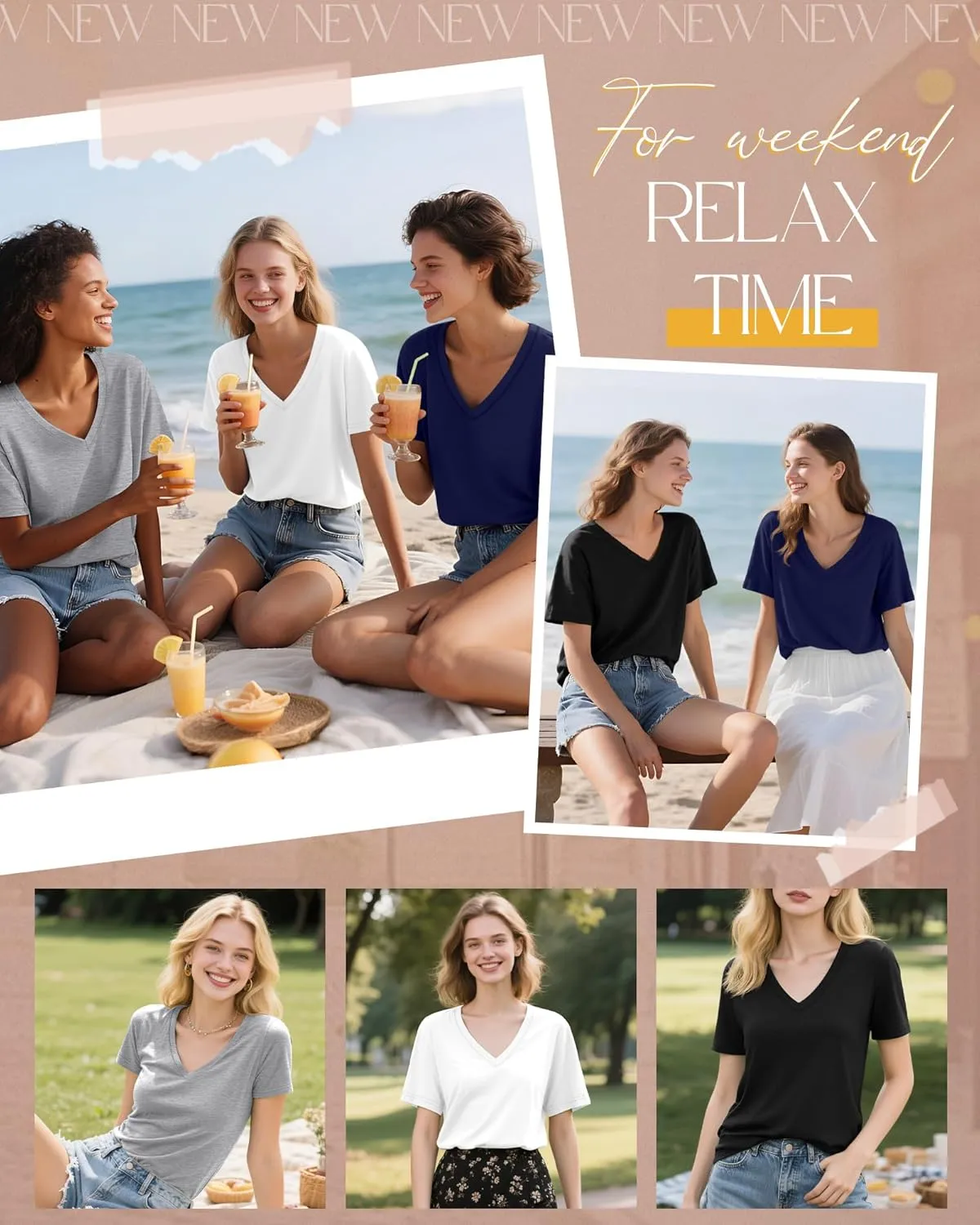 Neer 4 Pack Women's V Neck T-Shirts Summer Short Sleeve Casual Tops Loose Fit Flat Hem Basic Tees