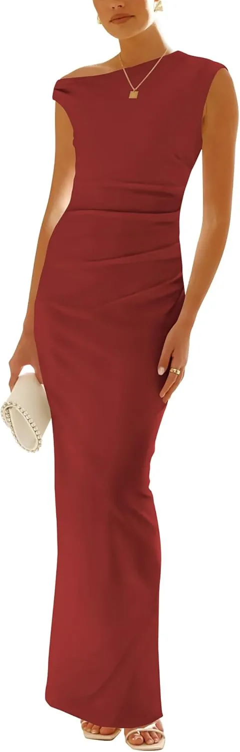 Nova In Sky Womens Summer One Shoulder Party Cocktail Bodycon Maxi Dress Sleeveless Ruched Slit Formal Wedding Guest Dresses