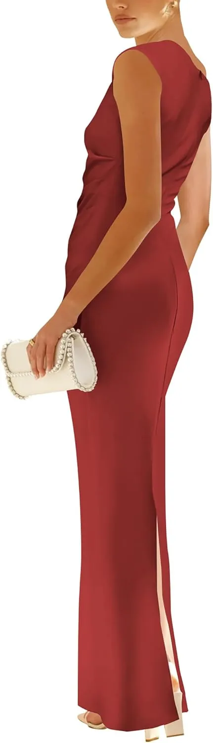 Nova In Sky Womens Summer One Shoulder Party Cocktail Bodycon Maxi Dress Sleeveless Ruched Slit Formal Wedding Guest Dresses