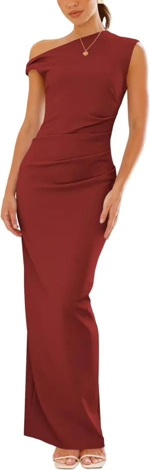 Nova In Sky Womens Summer One Shoulder Party Cocktail Bodycon Maxi Dress Sleeveless Ruched Slit Formal Wedding Guest Dresses