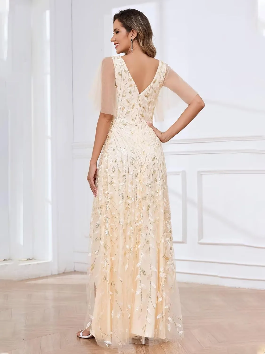 OFEYCHUN Short Sleeve Mother of The Bride Dresses for Women Sequin Sparkly Long Evening Dress