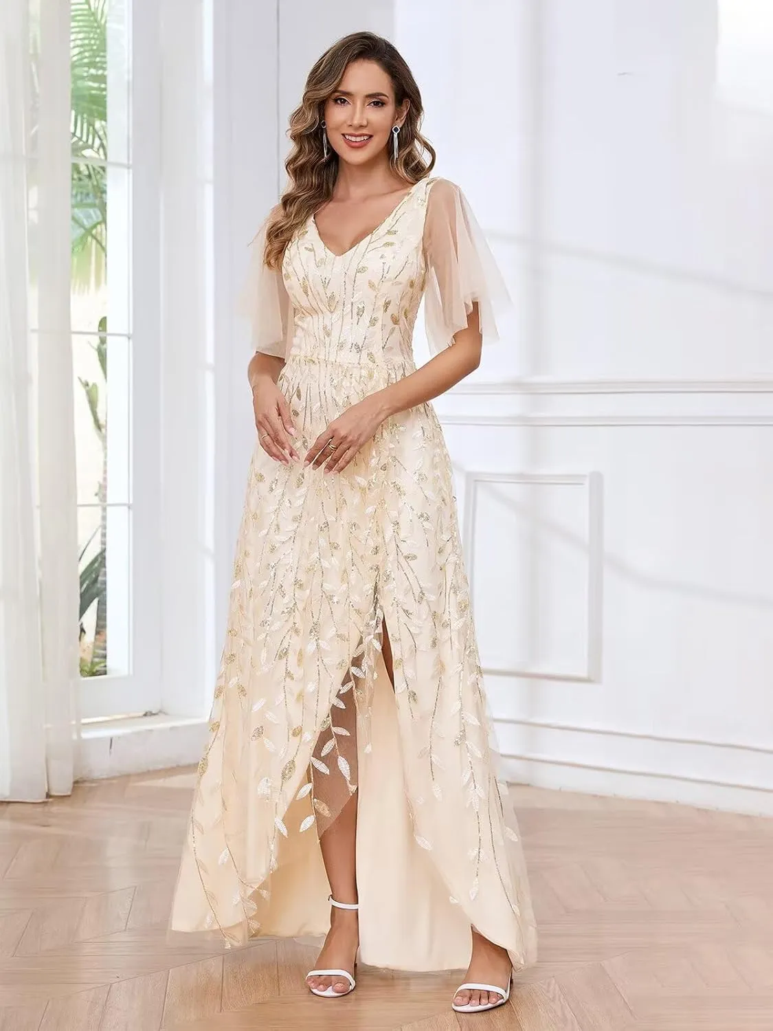 OFEYCHUN Short Sleeve Mother of The Bride Dresses for Women Sequin Sparkly Long Evening Dress
