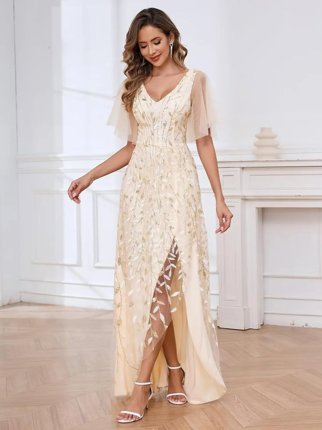 OFEYCHUN Short Sleeve Mother of The Bride Dresses for Women Sequin Sparkly Long Evening Dress