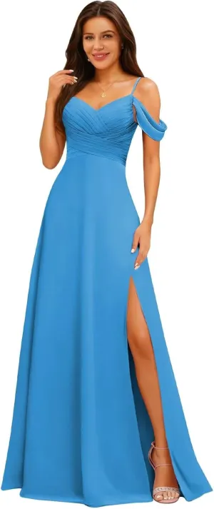 Off The Shoulder Bridesmaid Dresses for Women Long Slit Chiffon Formal Evening Gowns with Pockets