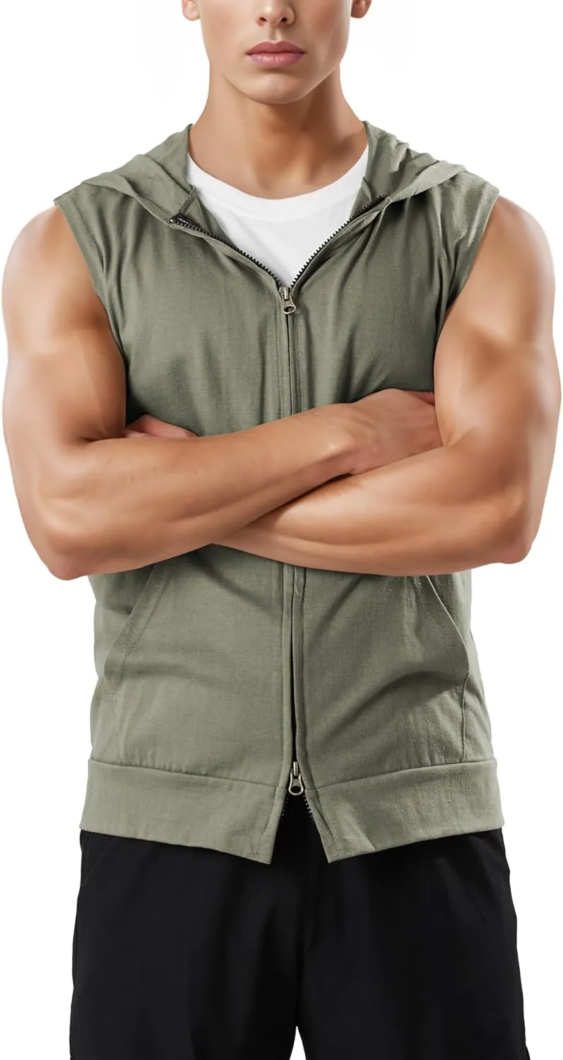 Ohoo Men's Slim Fit Workout Hooded Tank Tops Two Way Zip Up Sleeveless Gym Shirts Bodybuilding Hoodies 100% Cotton