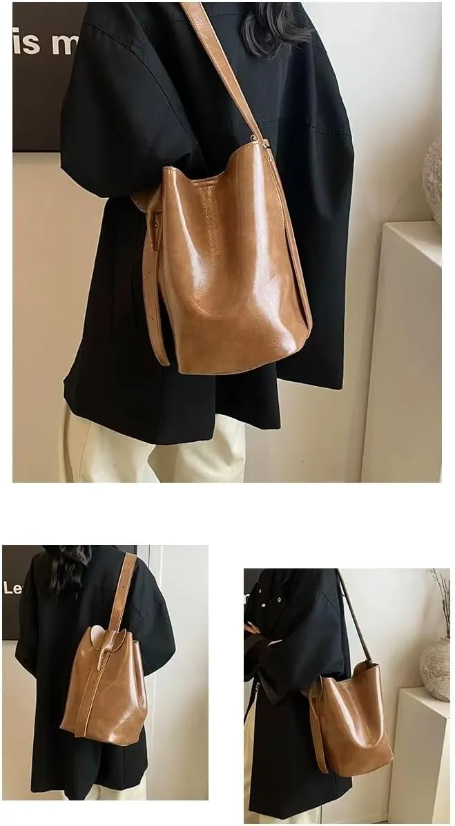 One-shoulder bucket bag, two-piece bag, retro PU crossbody, 13-inch large capacity, suitable for most women