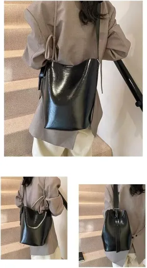 One-shoulder bucket bag, two-piece bag, retro PU crossbody, 13-inch large capacity, suitable for most women