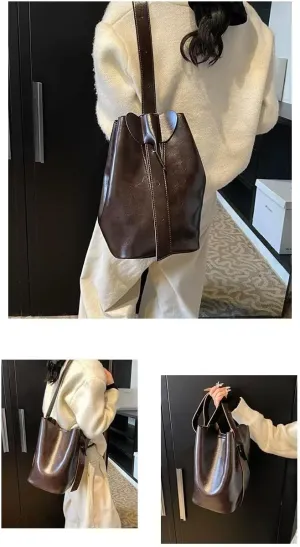 One-shoulder bucket bag, two-piece bag, retro PU crossbody, 13-inch large capacity, suitable for most women