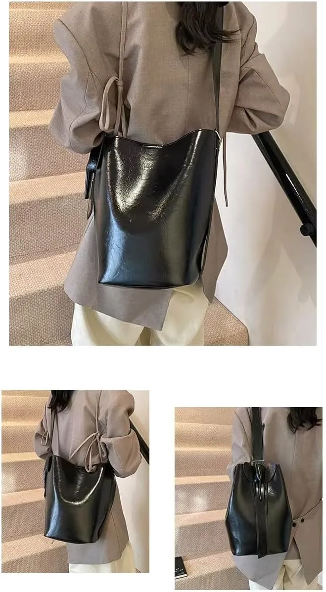 One-shoulder bucket bag, two-piece bag, retro PU crossbody, 13-inch large capacity, suitable for most women