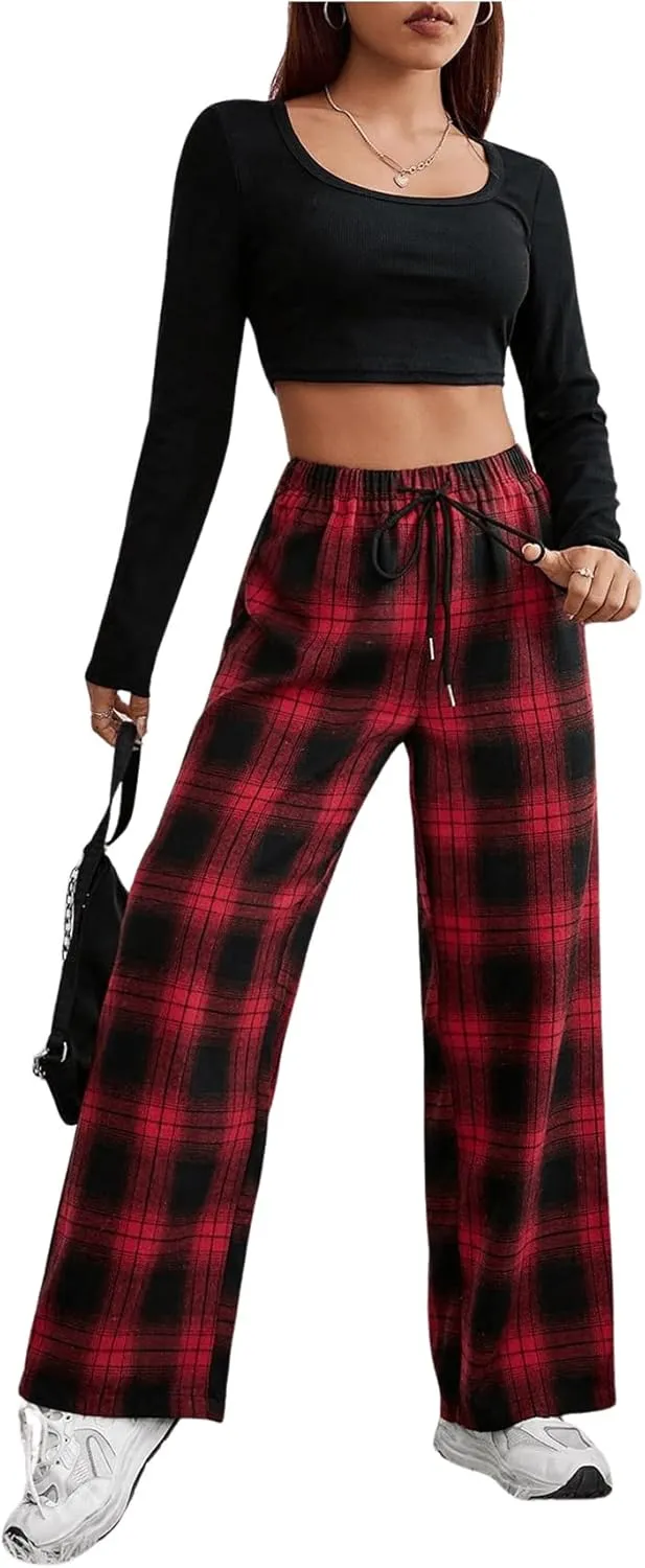 OYOANGLE Women's Plaid Drawstring High Waist Pants Comfy Baggy Trendy Wide Leg Casual Trousers