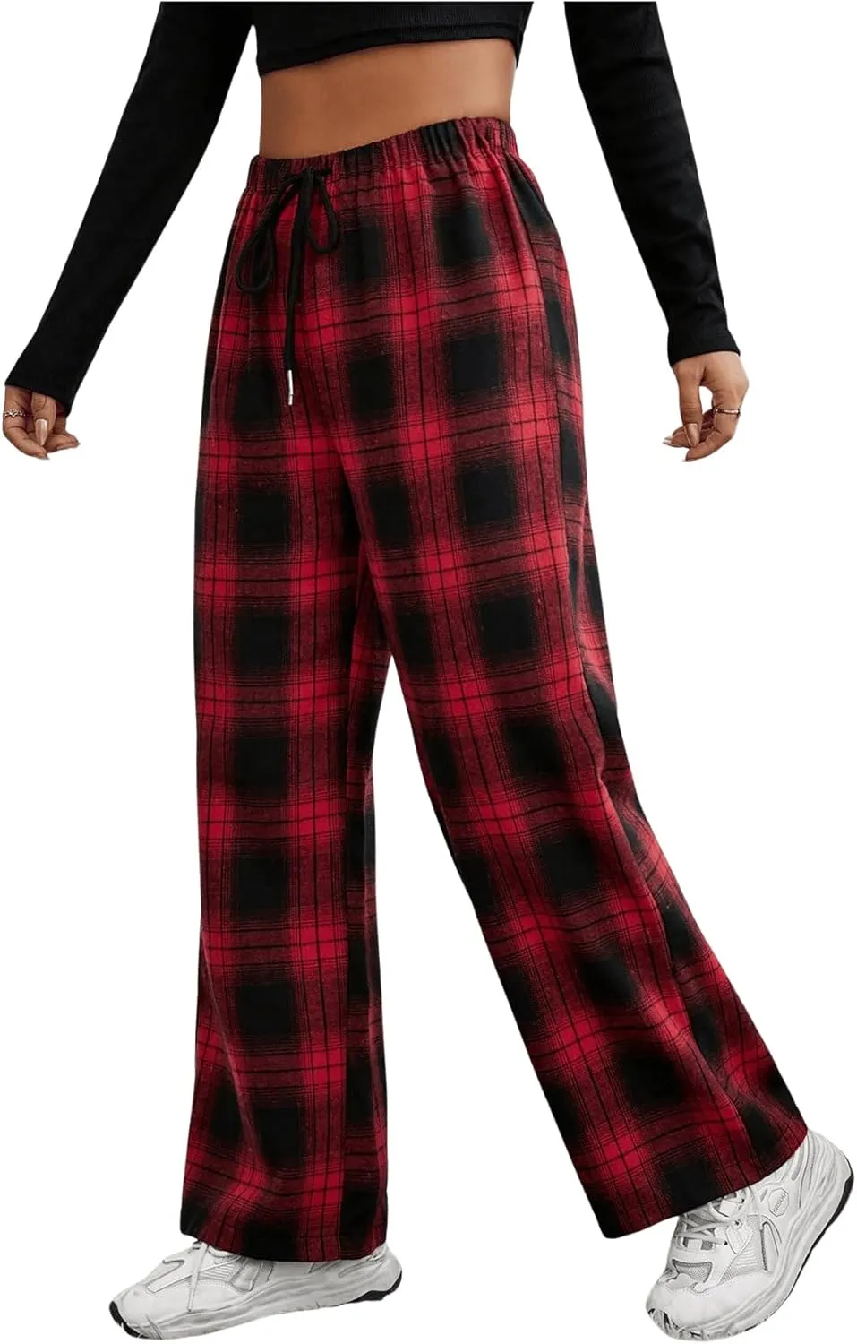 OYOANGLE Women's Plaid Drawstring High Waist Pants Comfy Baggy Trendy Wide Leg Casual Trousers