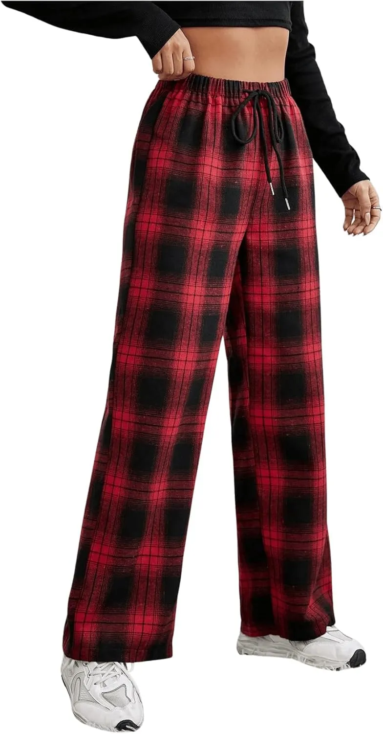 OYOANGLE Women's Plaid Drawstring High Waist Pants Comfy Baggy Trendy Wide Leg Casual Trousers