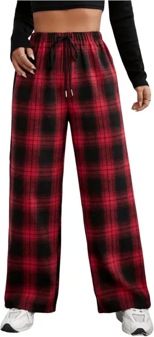 OYOANGLE Women's Plaid Drawstring High Waist Pants Comfy Baggy Trendy Wide Leg Casual Trousers