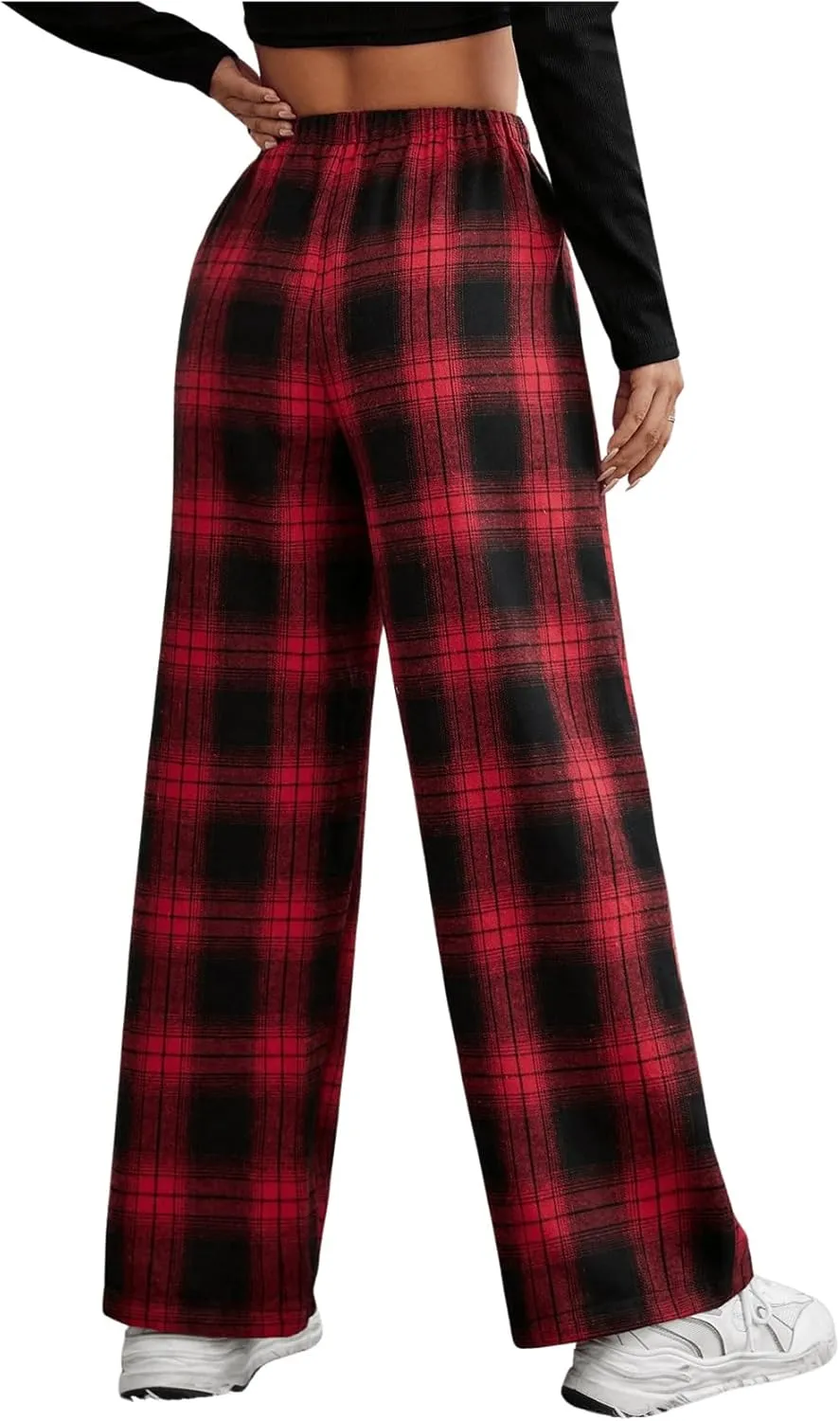OYOANGLE Women's Plaid Drawstring High Waist Pants Comfy Baggy Trendy Wide Leg Casual Trousers