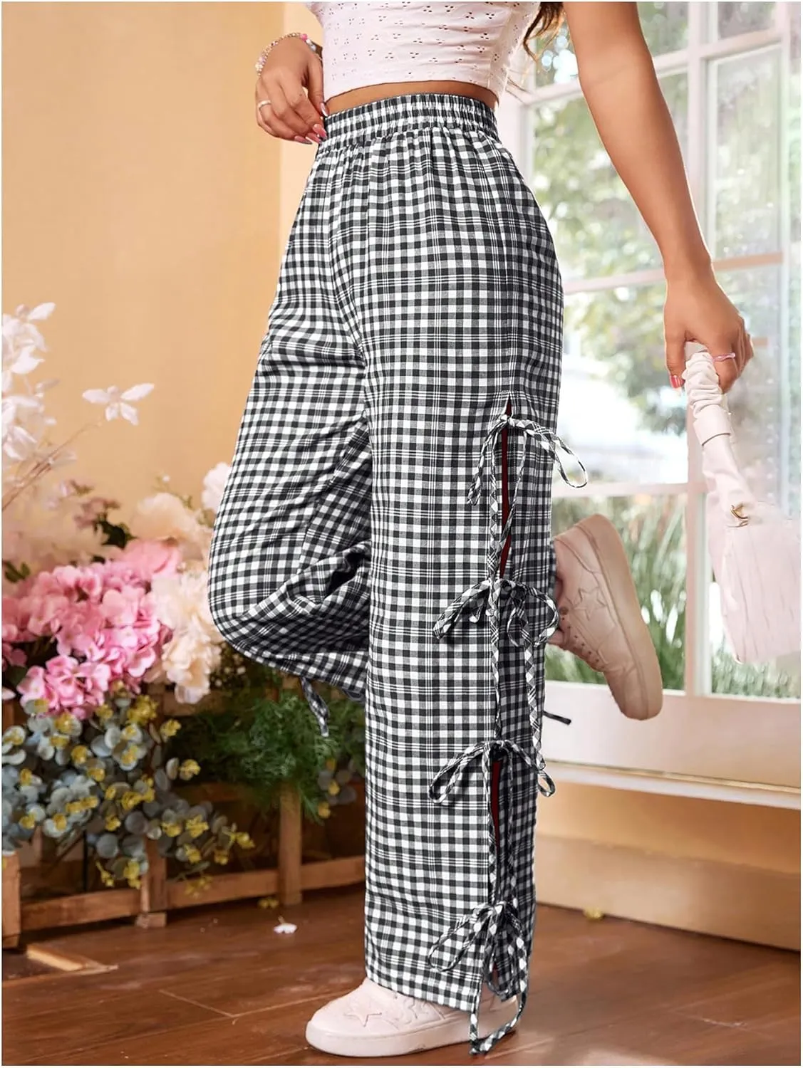 OYOANGLE Women's Plaid Print Tie Side Casual Pants High Elastic Waist Straight Leg Trousers