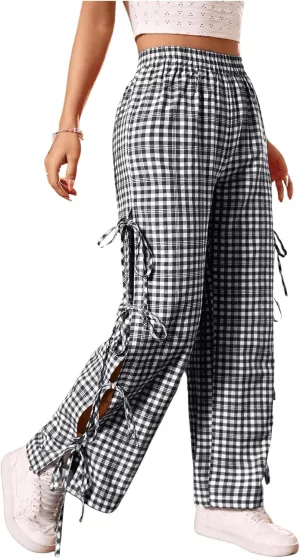 OYOANGLE Women's Plaid Print Tie Side Casual Pants High Elastic Waist Straight Leg Trousers