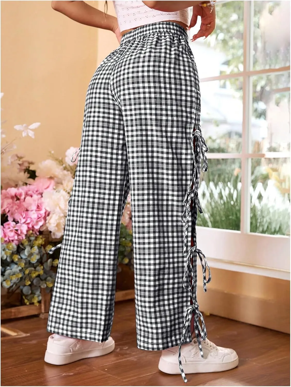 OYOANGLE Women's Plaid Print Tie Side Casual Pants High Elastic Waist Straight Leg Trousers
