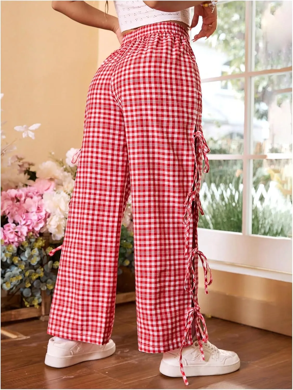 OYOANGLE Women's Plaid Print Tie Side Casual Pants High Elastic Waist Straight Leg Trousers