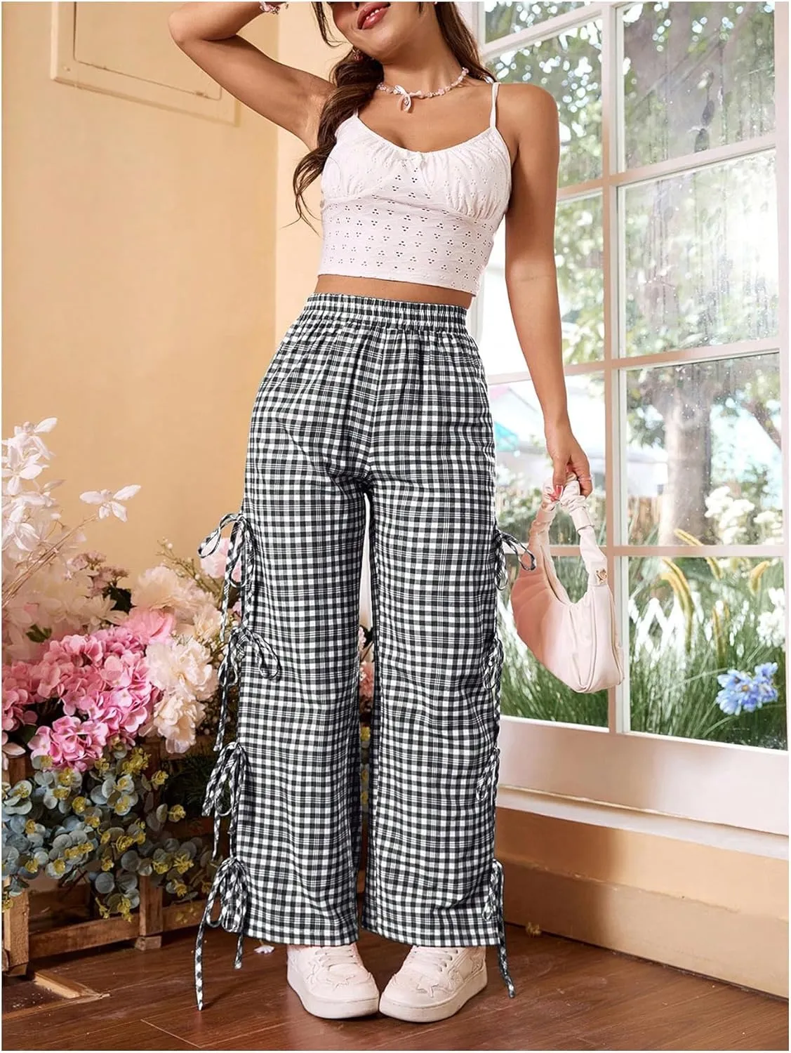 OYOANGLE Women's Plaid Print Tie Side Casual Pants High Elastic Waist Straight Leg Trousers