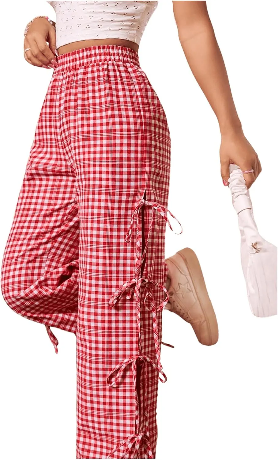 OYOANGLE Women's Plaid Print Tie Side Casual Pants High Elastic Waist Straight Leg Trousers