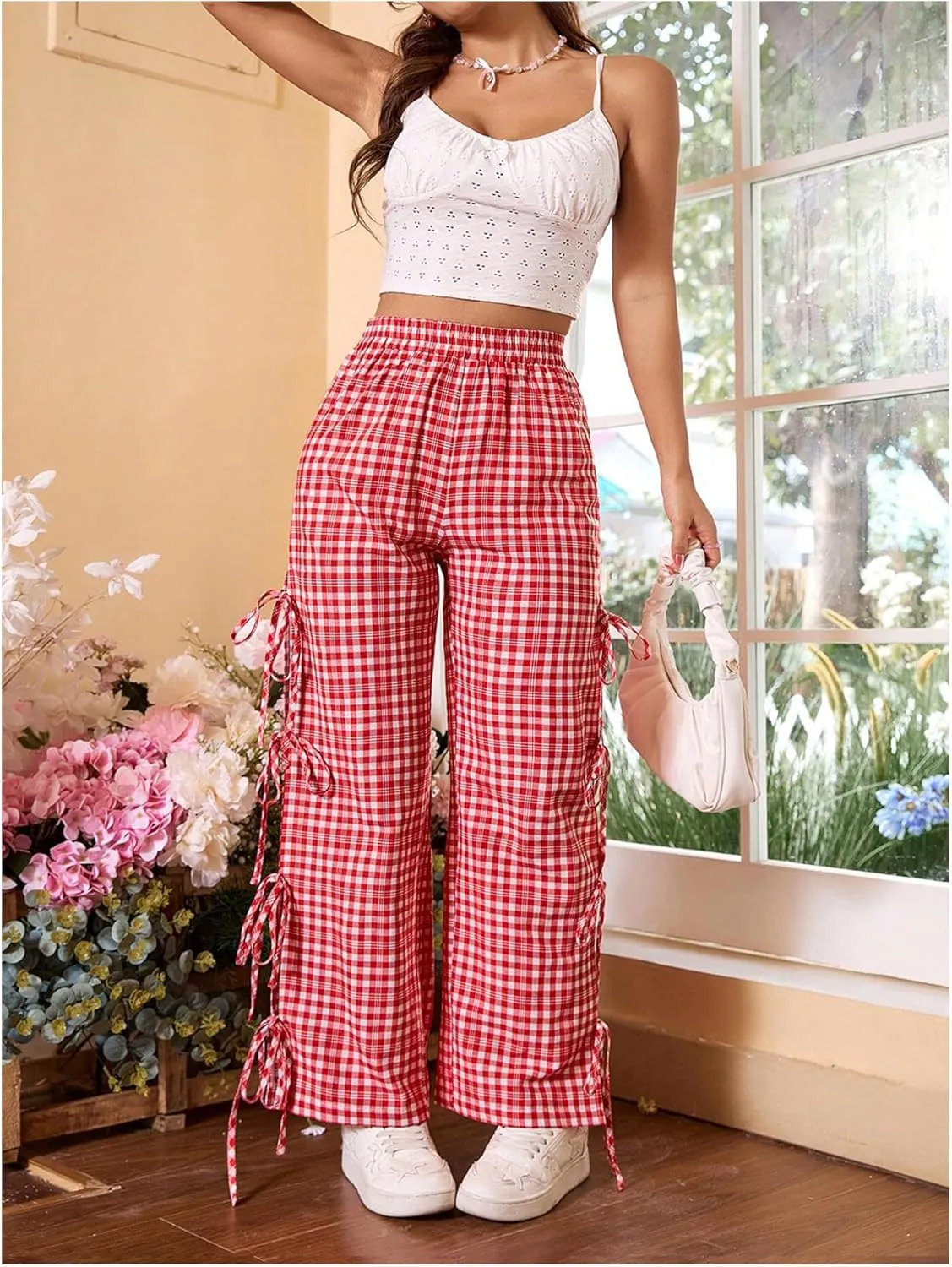 OYOANGLE Women's Plaid Print Tie Side Casual Pants High Elastic Waist Straight Leg Trousers