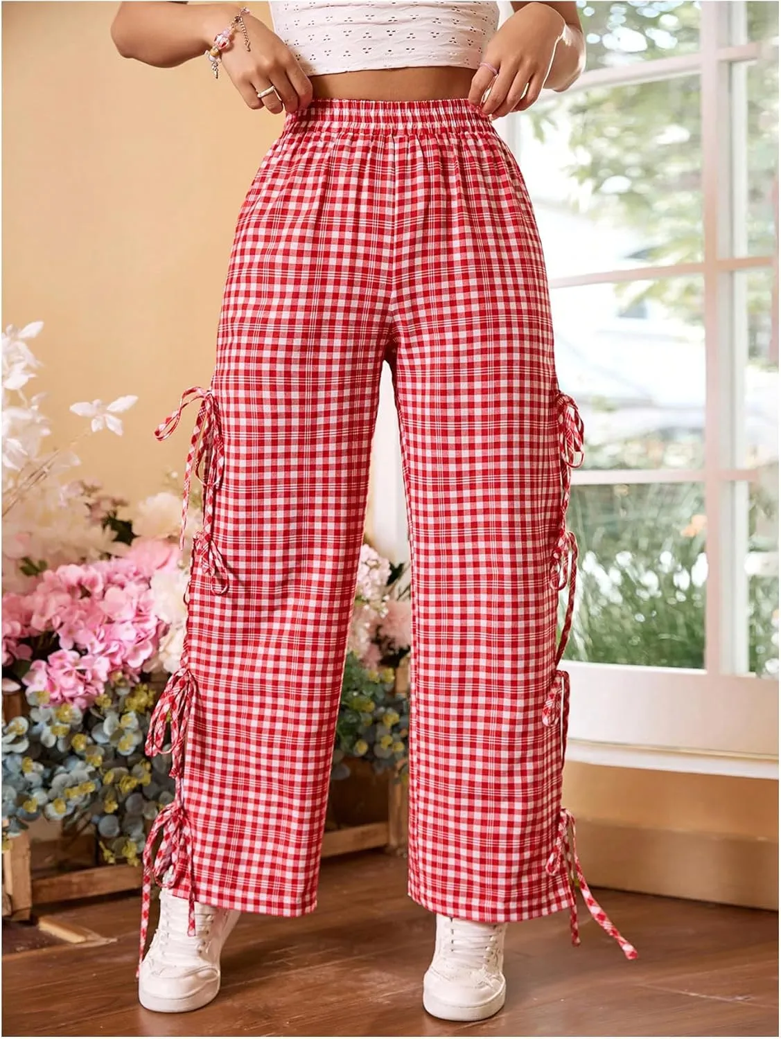 OYOANGLE Women's Plaid Print Tie Side Casual Pants High Elastic Waist Straight Leg Trousers