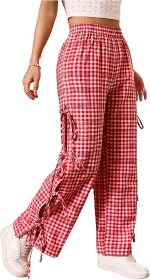 OYOANGLE Women's Plaid Print Tie Side Casual Pants High Elastic Waist Straight Leg Trousers