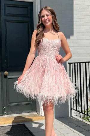 Peach Scoop Neck Appliques Short Homecoming Dress with Feather VK24051904