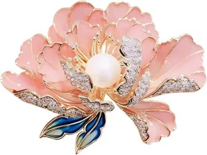 Peony Flower Brooch for Women, Vintage Elegant Enamel Jewelry Pin, Coat and Suit Pendant Necklace,Cloak Clasp Brooches