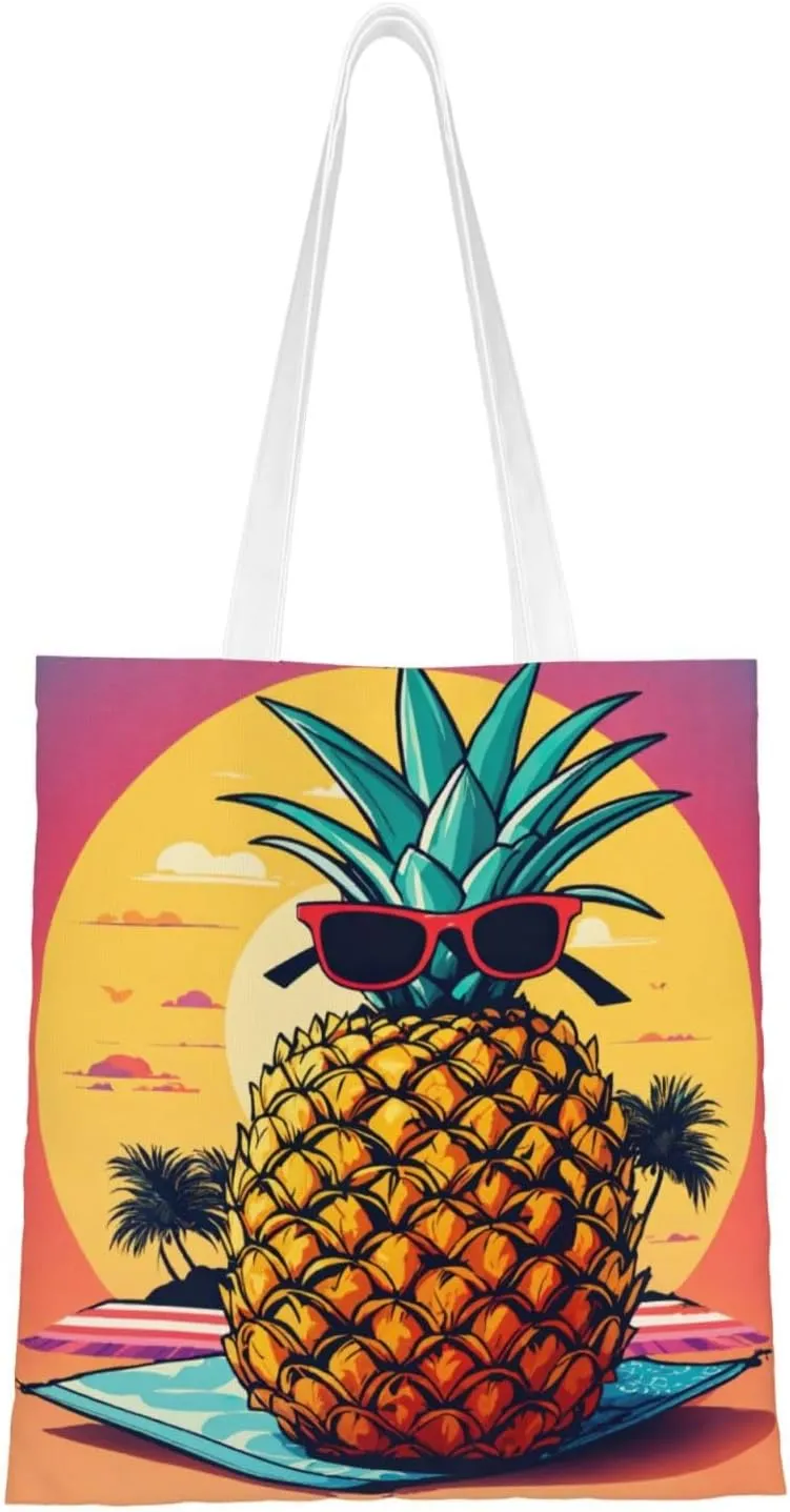 Pineapple Fruit Sunglasses Sand Beach Print Totes, Portable Beach Bag,Reusable Grocery Bags Foldable Shopping With Handlesbags