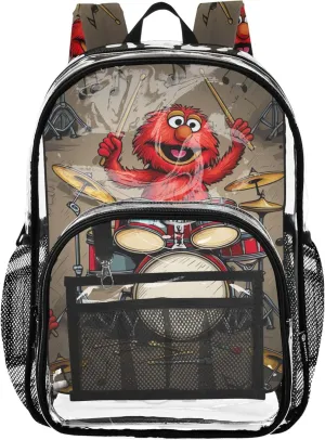 Playful Red Drummer Character Clear Bag for Women Travel Boys Backpacks for Girls Plastic Transparent Bookbag