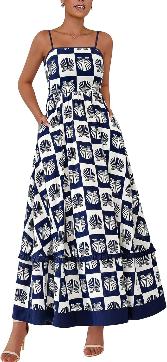 PRETTYGARDEN Summer Spaghetti Strap Dresses for Women Flowy Smocked Sundresses Casual Boho Sleeveless Beach Maxi Long Dress