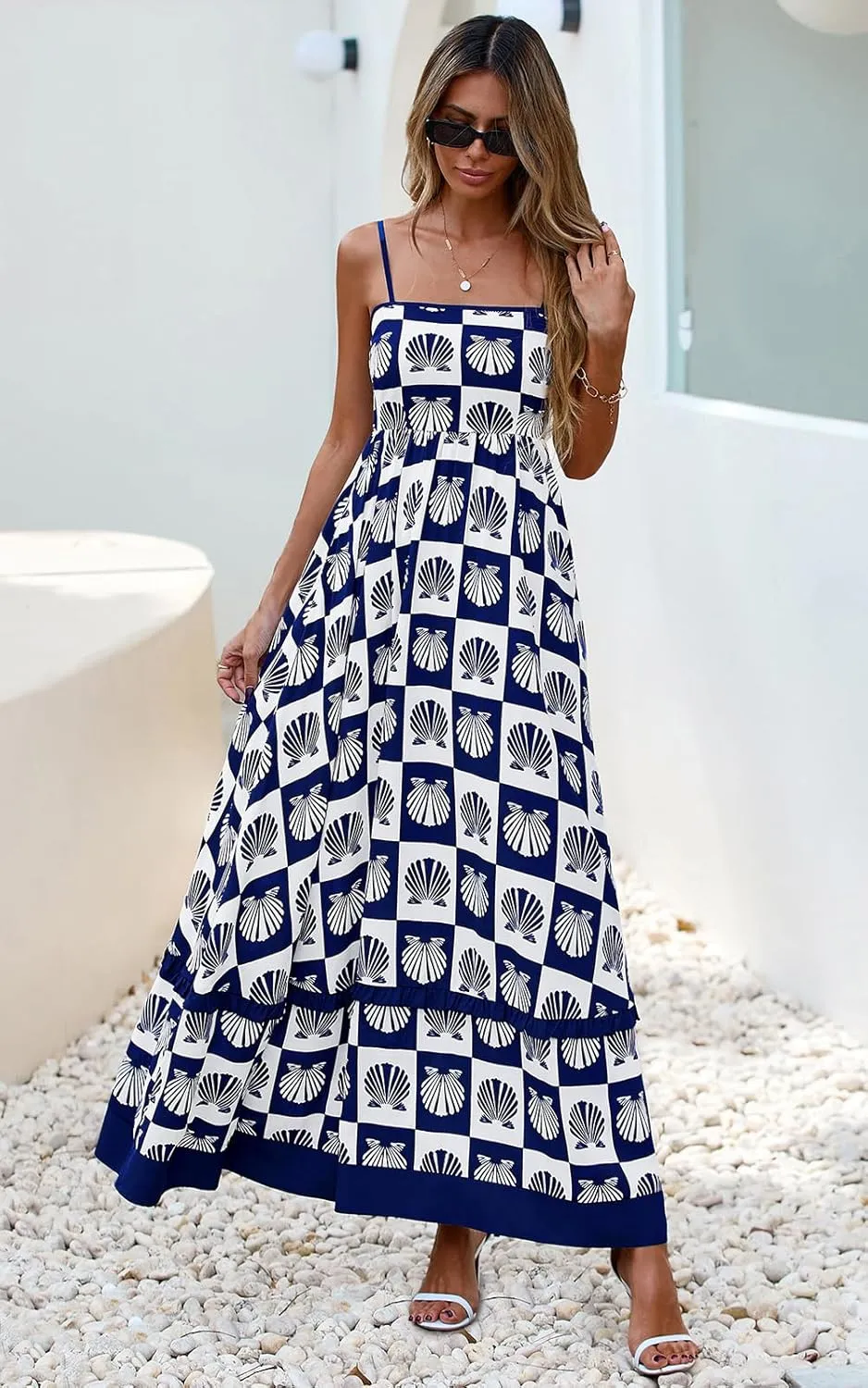 PRETTYGARDEN Summer Spaghetti Strap Dresses for Women Flowy Smocked Sundresses Casual Boho Sleeveless Beach Maxi Long Dress