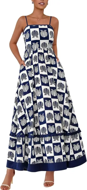 PRETTYGARDEN Summer Spaghetti Strap Dresses for Women Flowy Smocked Sundresses Casual Boho Sleeveless Beach Maxi Long Dress
